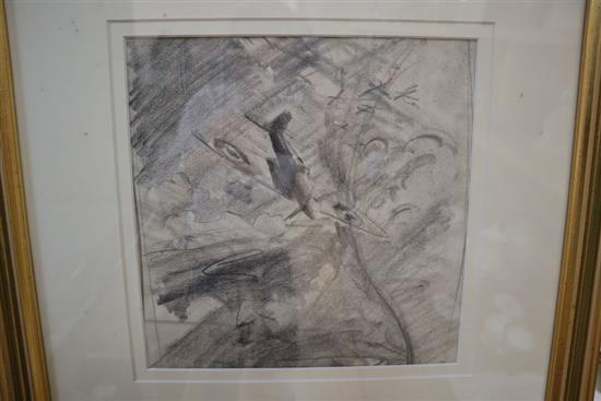 Douglas Ettridge (1927-2009), pencil drawing, Spitfire amongst clouds, Studio stamp verso, 23 x 23cm